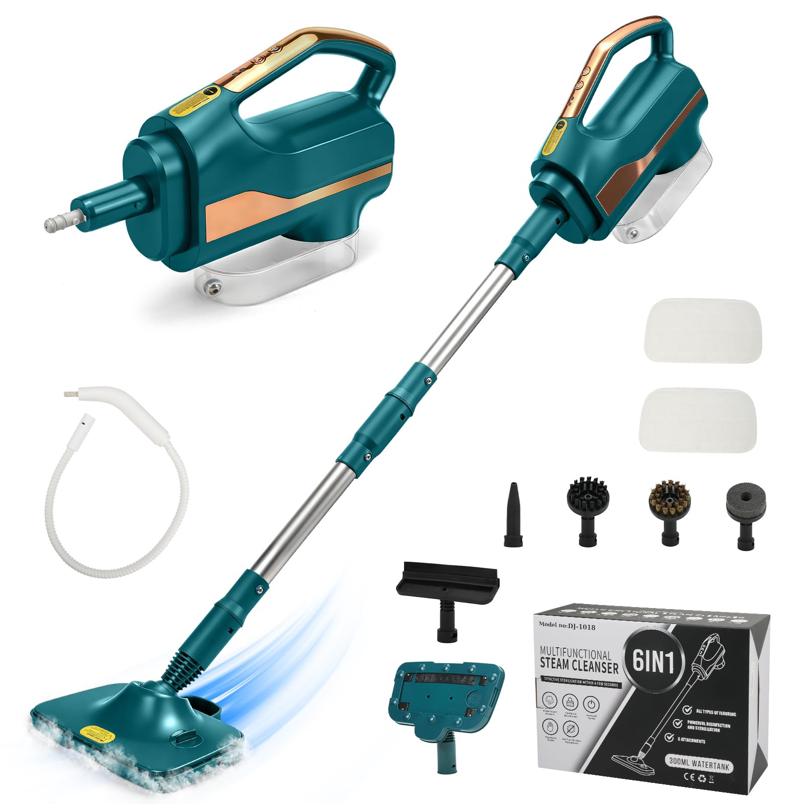 Wielofunkcyjny odkurzacz parowy i mop – 99,9% dezynfekcja, 3 poziomy pary, zbiornik na wodę 300 ml, do twardych podłóg i dywanów, 1500 W (zielony)