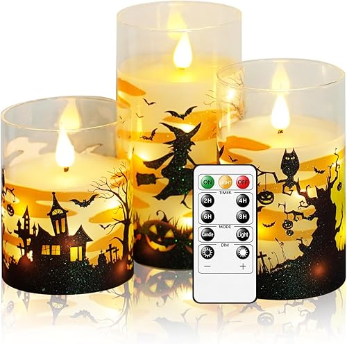 Velas sin llama de Halloween con control remoto, velas LED naranjas y tira de luces, carcasa de cristal, juego de 3 unidades (3 pulgadas de