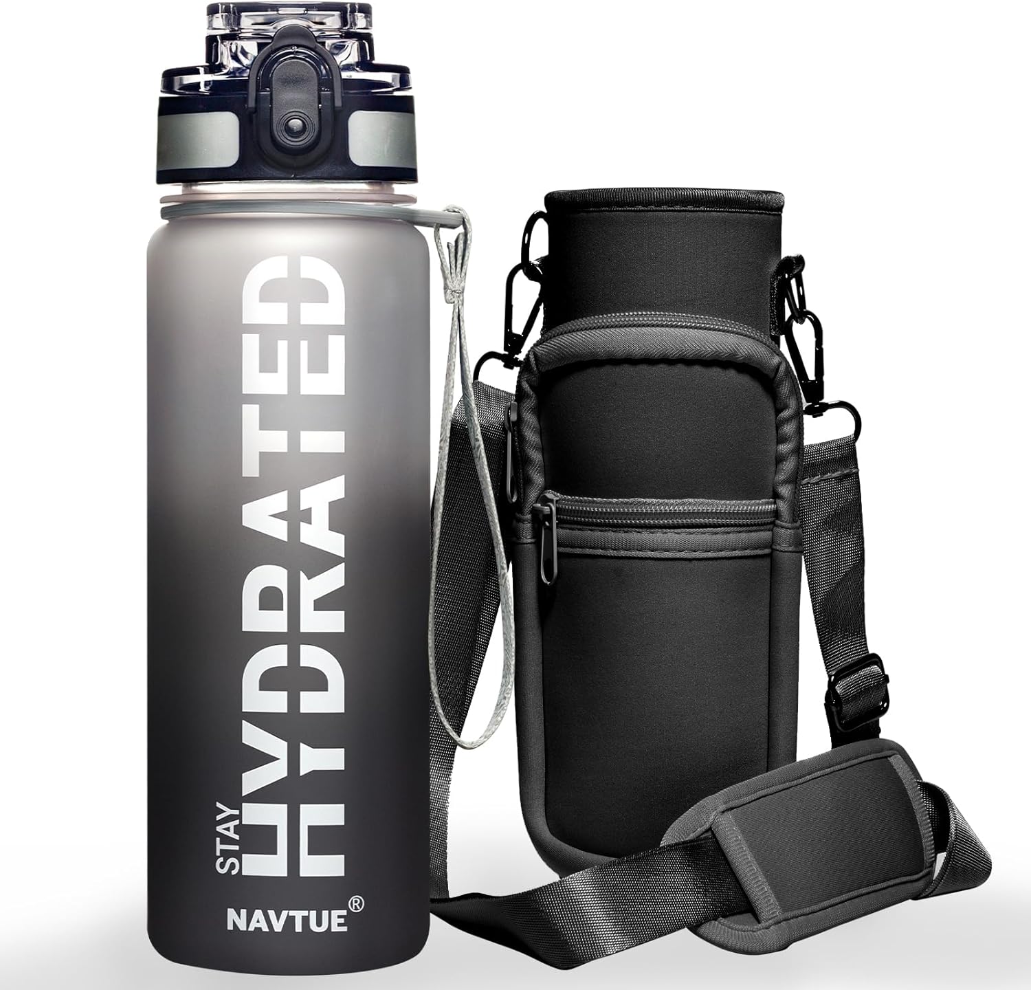 Water Bottle with Carrier Bag, 32 oz Sports Water Bottles with Time Marker Wide Mouth, Motivational and Leakproof Drink Bottle, BPA Free Tritan with Carry Strap for Gym Fitness Outdoor