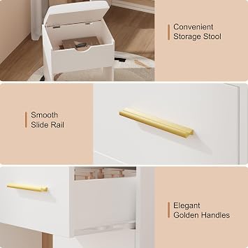 ERLEJIA Vanity Desk with Mirror and Lights, 35.43 Large Mirror Makeup Table with Stool, 5 Drawers Dressing Table for Girls and Ladies Bedroom, White and Gold