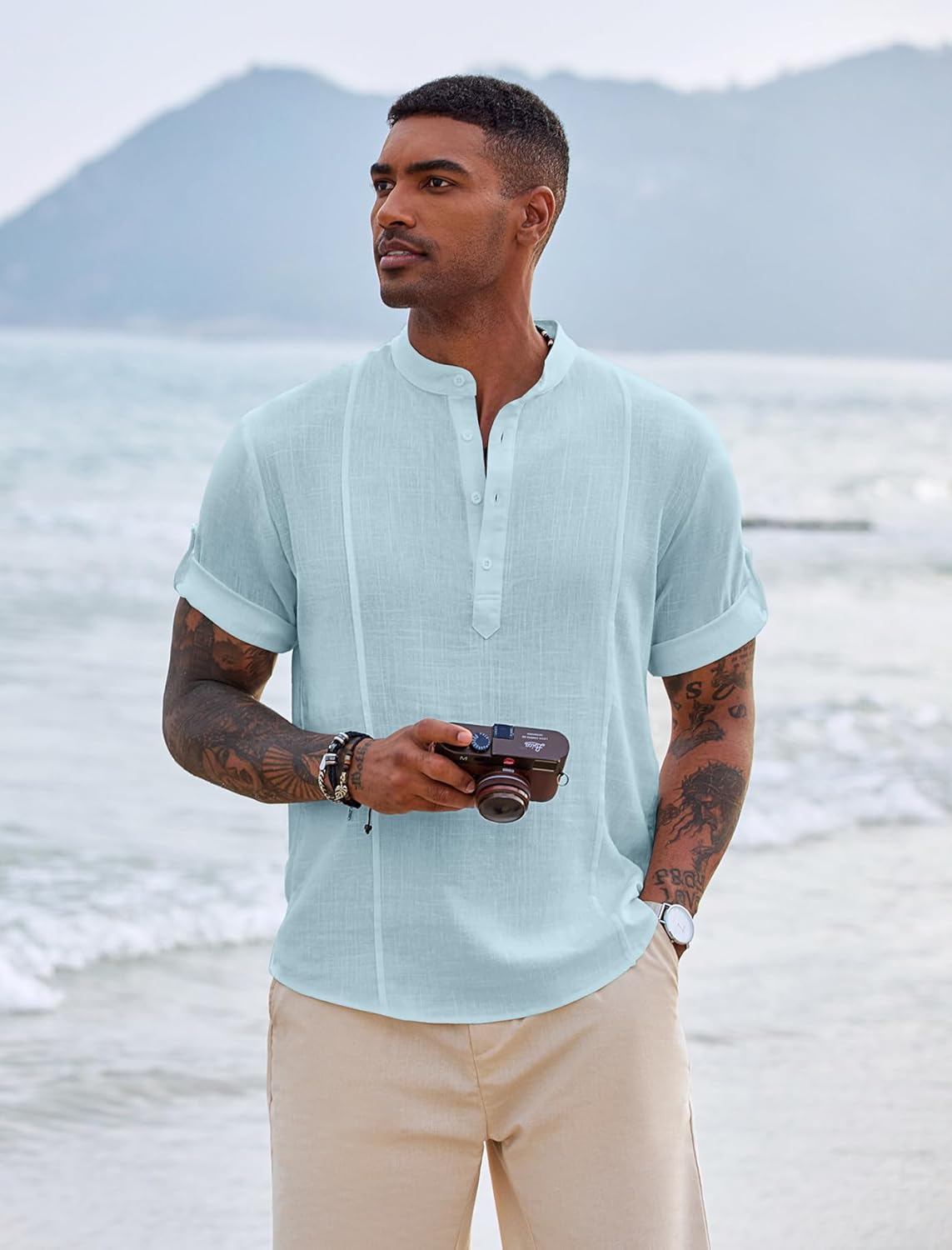 COOFANDY Men's Henley T-Shirts Short Sleeve Casual Button Henley Shirts Band Collar Tee Summer Beach Hippie Shirts Large Blue image 4 of 7 B0BKZN8SN4