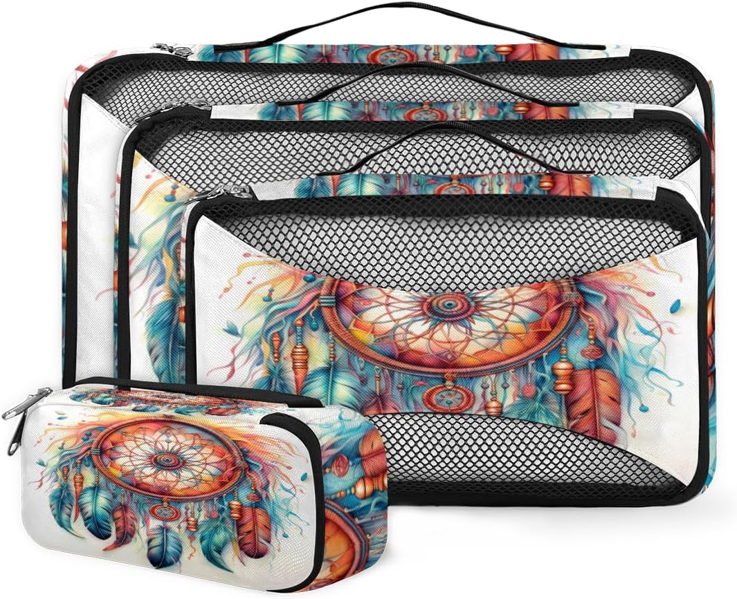 4 Set Packing Cubes for Suitcases, Travel Essentials for Carry on Luggage, Suitcase Organizers for Clothes Shoes Toiletries Travel Accessories in 4 Sizes - Watercolor Dream Catcher