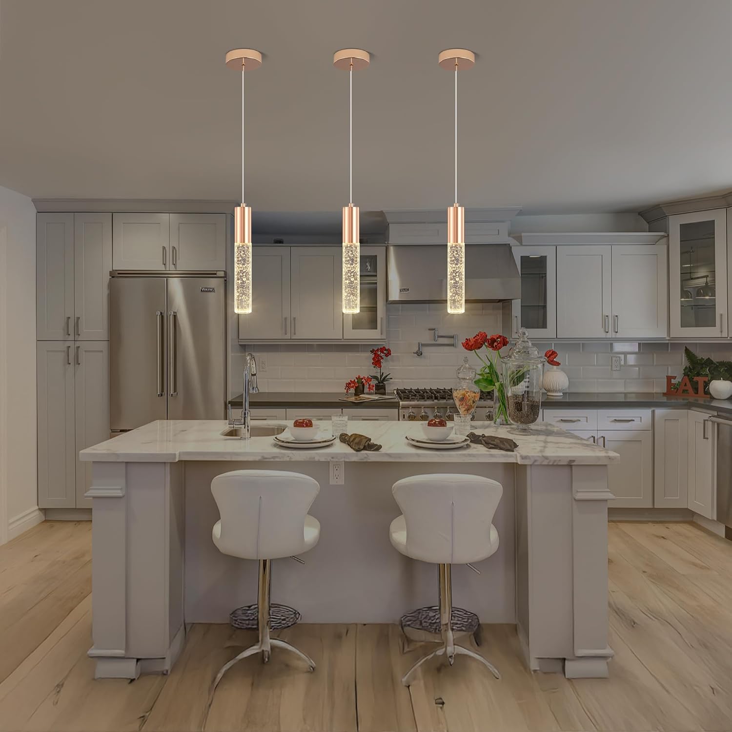 3-Pack Modern Crystal Pendant Light for Kitchen Island, Elegant Gold LED Bubble Hanging Chandelier Lighting Fixture for Dining Room Bedside