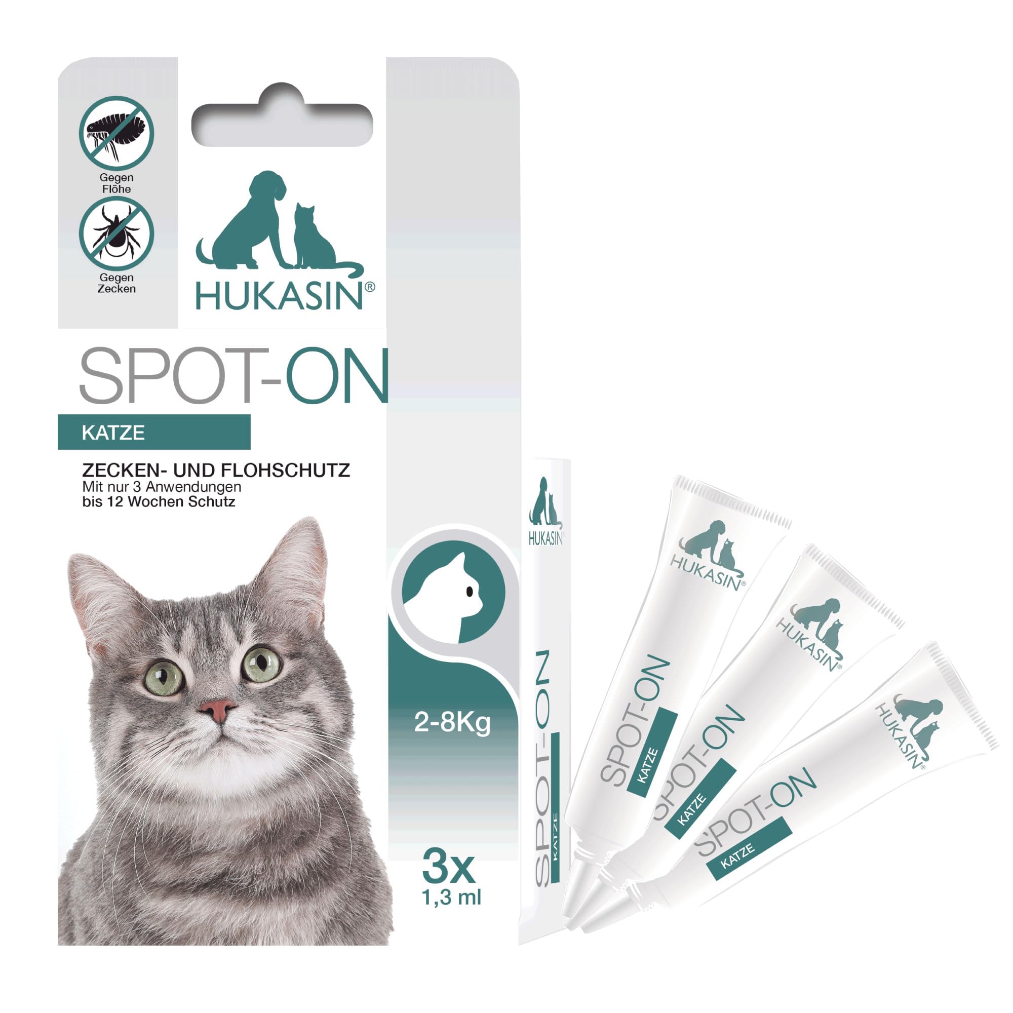 Hukasin Spot On Katze - Zecken- und Floh Schutz - langanhaltender Floh und Zeckenschutz für Katzen bis zu 12 Wochen, Zeckenschutz Katze