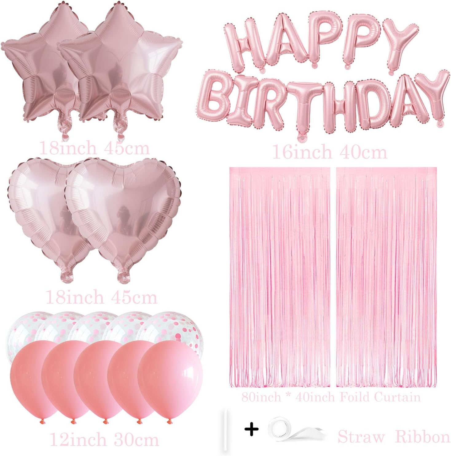 29 Pcs Pink Birthday Party Decorations - Happy Birthday Balloons Banner Baby Pink, Heart & Star Foil Balloon, Confetti & Latex Balloons, Foil Fringe Curtains Party Supplies for Girls - Image 2