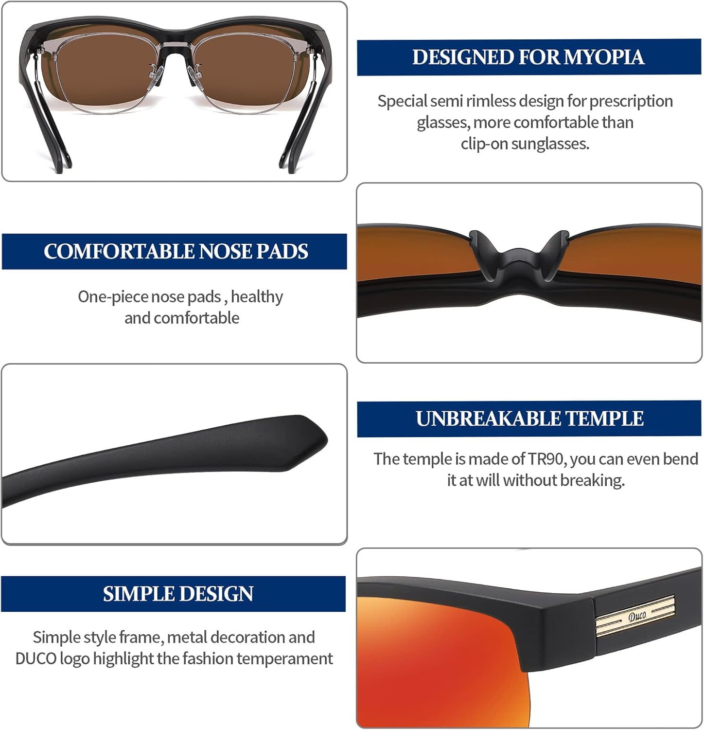 DUCO Fit Over Glasses Unisex Wraparound Glasses Fashion Rimless Wear Over Glasses Polarized Sunglasses for Men and Women 8960