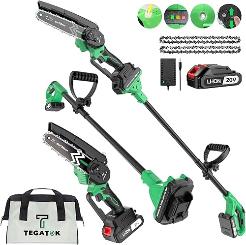 Tegatok Mini motosierra alimentada por batería con 2 baterías, motosierra eléctrica inalámbrica con 2 cadenas y luz LED, motosierra de mano ligera y