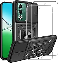 MEMELOKA Case for OPPO A5 5G/4G/OPPO A5m + 2 Pieces Tempered Glass, Armor Military Anti-Scratch Case with 360° Ring Holder, Anti-Shock Case with Slide Camera Cover, Black
