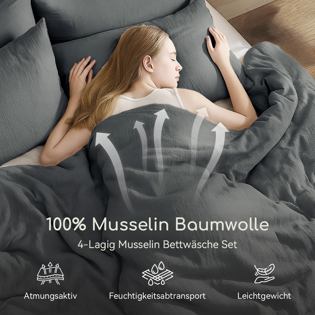 Sedefen Doppelte Musselin Bettwäsche 135x200 Baumwolle,Dunkelgrau Bettwäsche Sets Anthrazit ÖKO-TEX Bettwäsche mit Reißverschluss,Bettbezug mit 1 Kissenbezüge 80x80 cm