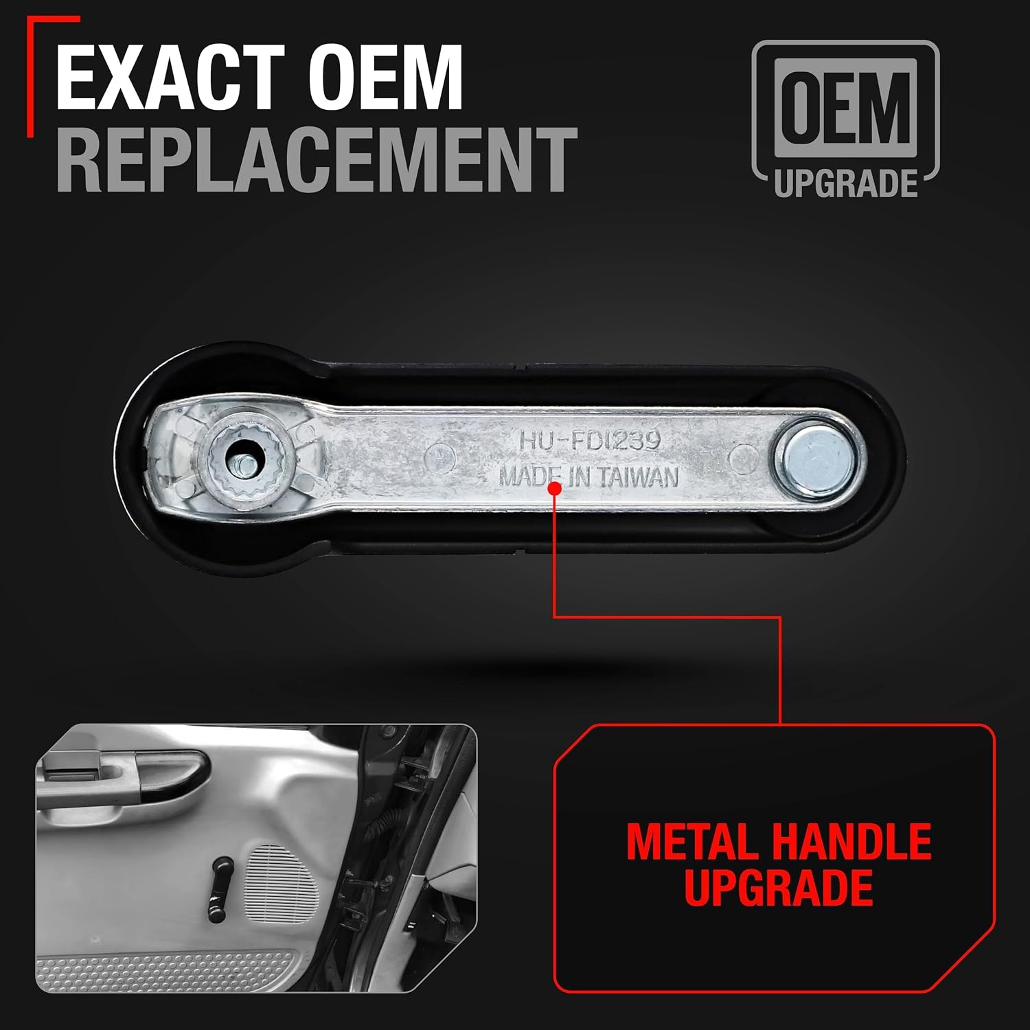 Manual Window Crank Handle, 1pc - Front/Rear Left or Right - Compatible with 1987-2023 Ford Mustang Bronco, Econoline, Super Duty, F-150 - Plastic Cover, Metal Body - OEM E6DZ5423342A, F7UZ1523342AAA