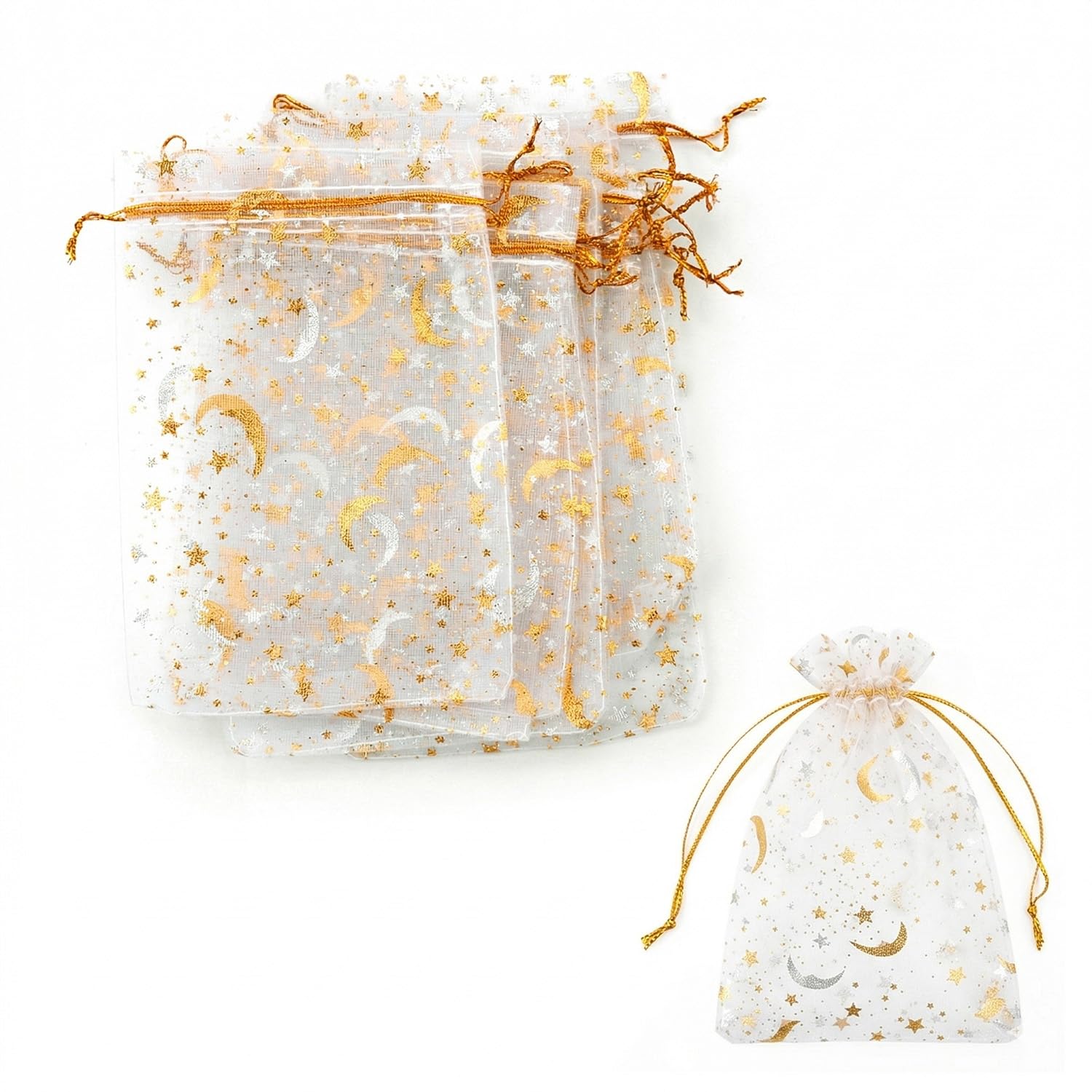 Gaomumu 30PCS White Organza Drawstring Bags, Star & Moon Foil-Printed Sheer Mesh Pouches, Suitable for Jewelry, Cosmetics, Gift Packaging & Party Favors