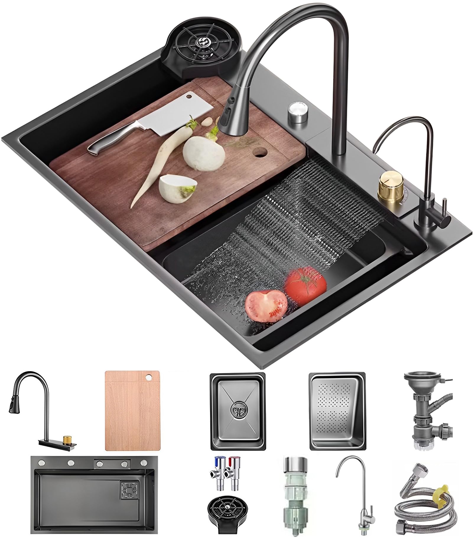 WIQUYBML Waterfall Sink 68 x 45 cm, Stainless Steel Sink, 1 Basin, Single Multifunctional Household with Fitting, Drain System, Overflow Tray, Drip Basket, Chopping Board and Mounting