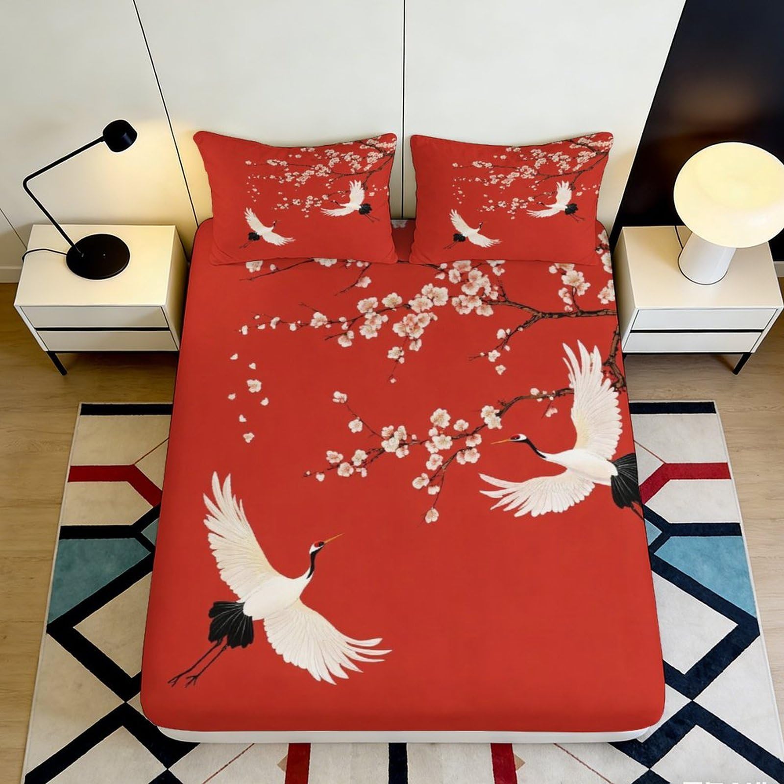 3D Printed Red Crane Pattern Fitted Sheet Microfiber Soft Breathable Cherry Blossom Bed Cover for Bedroom Dormitory Guest Room Mattress Protection Decor 120x200x25cm