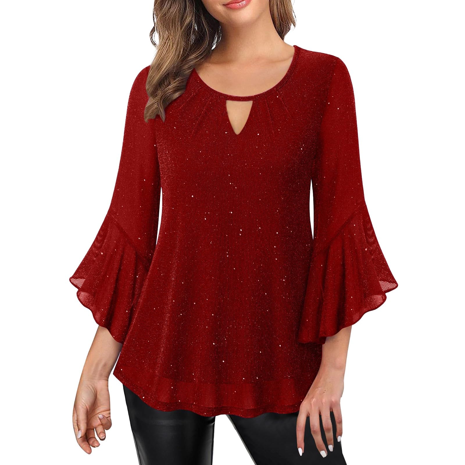 Top da donna con brillantini, per feste, Capodanno, con paillette, con scollo a V, per feste, matrimoni, feste, carnevale, a maniche lunghe