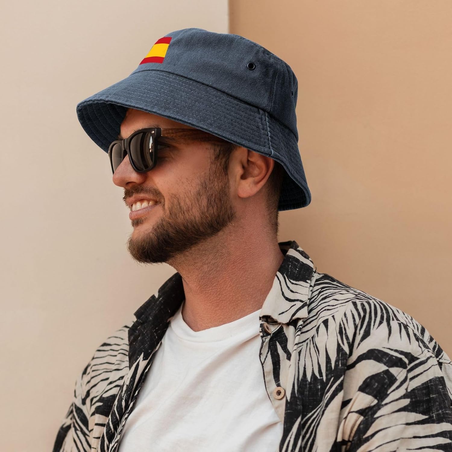 Spanish Flag Printed Cowboy Fisherman hat, Suitable for Outdoor Fishing Beach Party Fisherman hat Hip-hop hat, Navy Blue