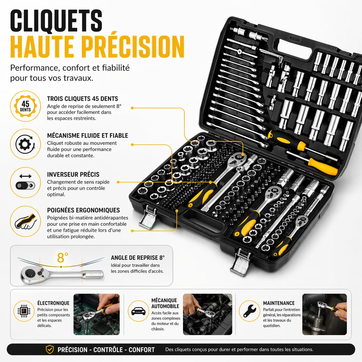 TOPEX Coffret Clés à Douilles 219 Pièces Jeu Complet 1/2 3/8 1/4 Acier CrV Cliquets Douilles Embouts E TORX Rallonges Adaptateurs Clés Mixtes avec Mallette 38D853