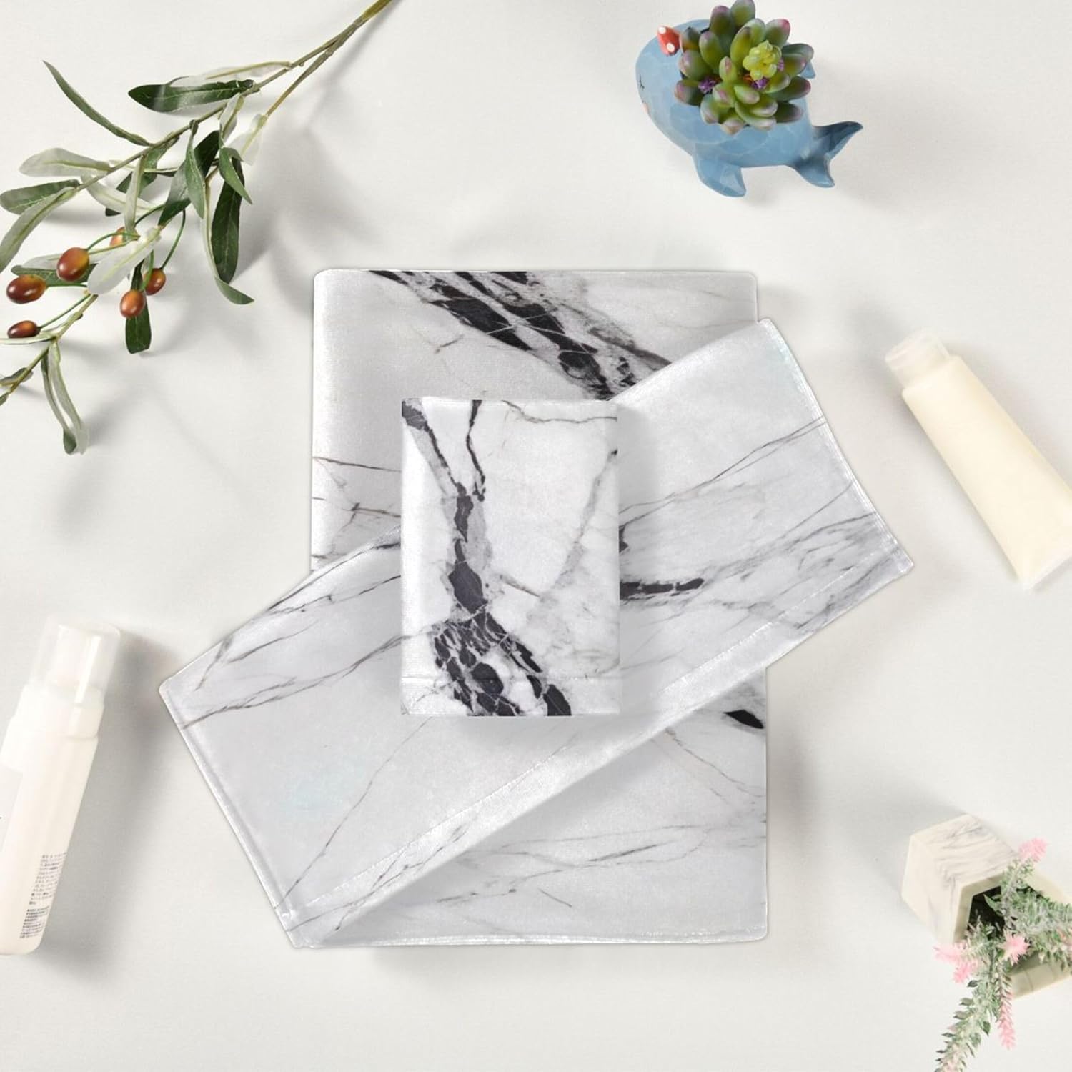 White Black Towels Set of 3, Marble Bath Towel,Marble Hand Towel,Washcloth, Multipurpose for Bathroom Hotel Gym Spa and Beach S0403222