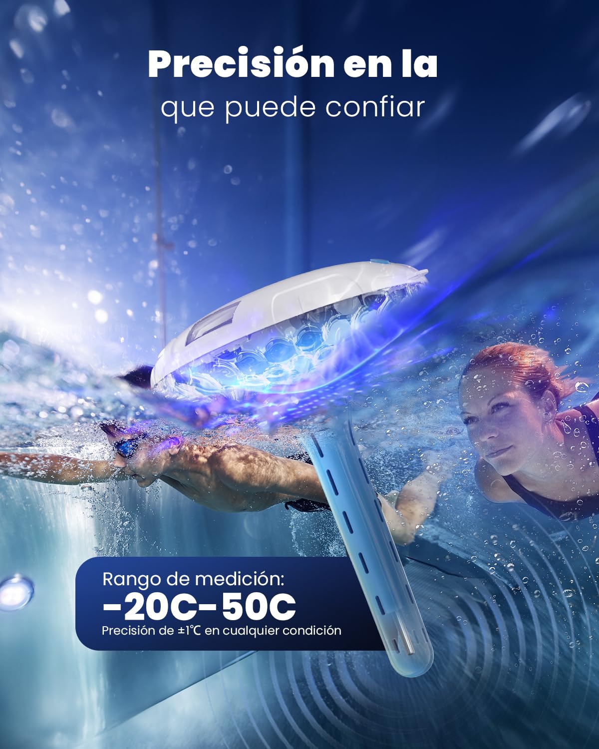 Luz solar para piscina con doble pantalla LCD, termómetro flotante para piscina de fácil lectura, 8 efectos de iluminación dinámicos, termómetro digital impermeable IPX7
