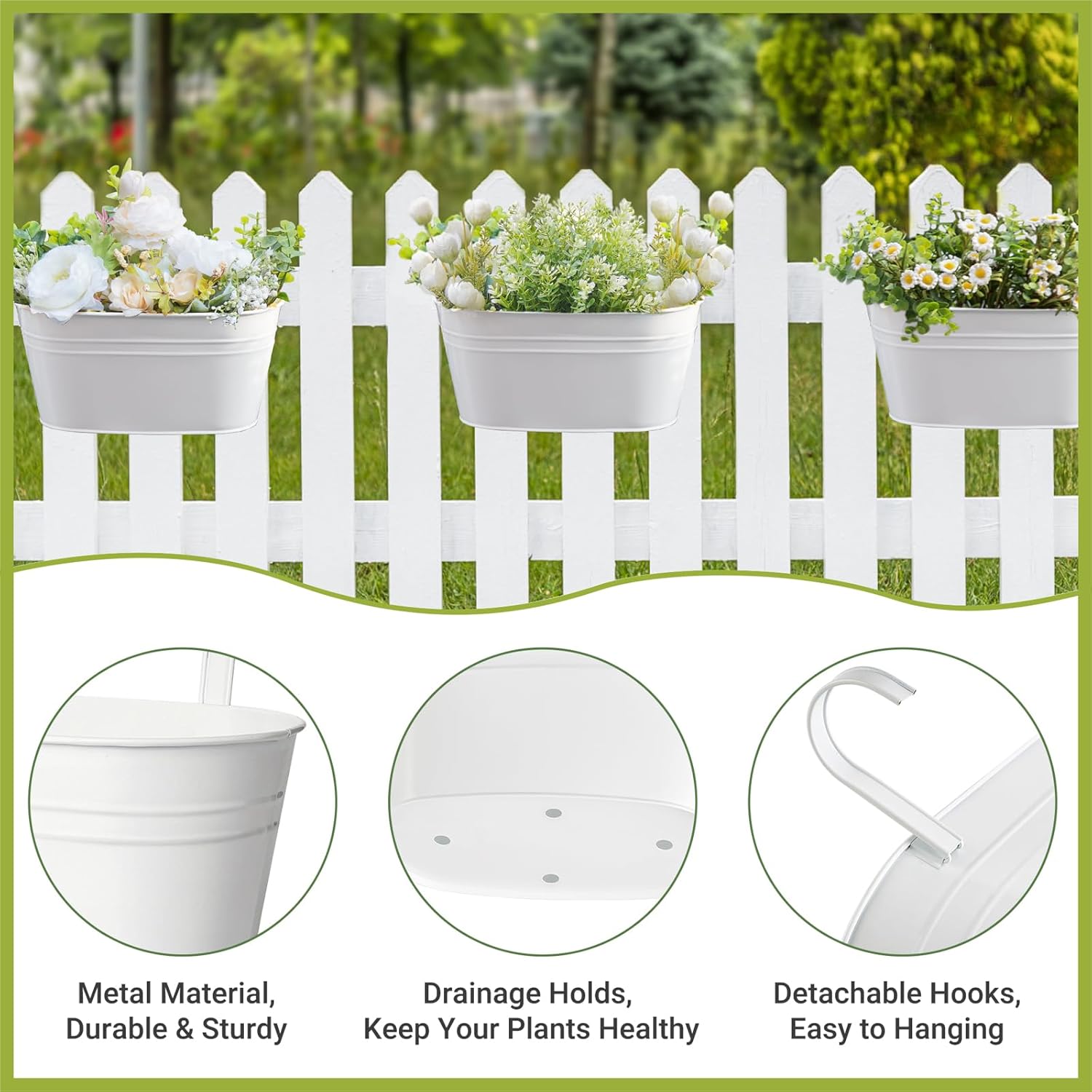 Dahey 10.5 Inch Metal Iron Hanging Flower Pots for Railing Fence Hanging Bucket Pots Countryside Style Window Flower Plant Holder with Detachable Hooks Home Decor,White,5 Pcs