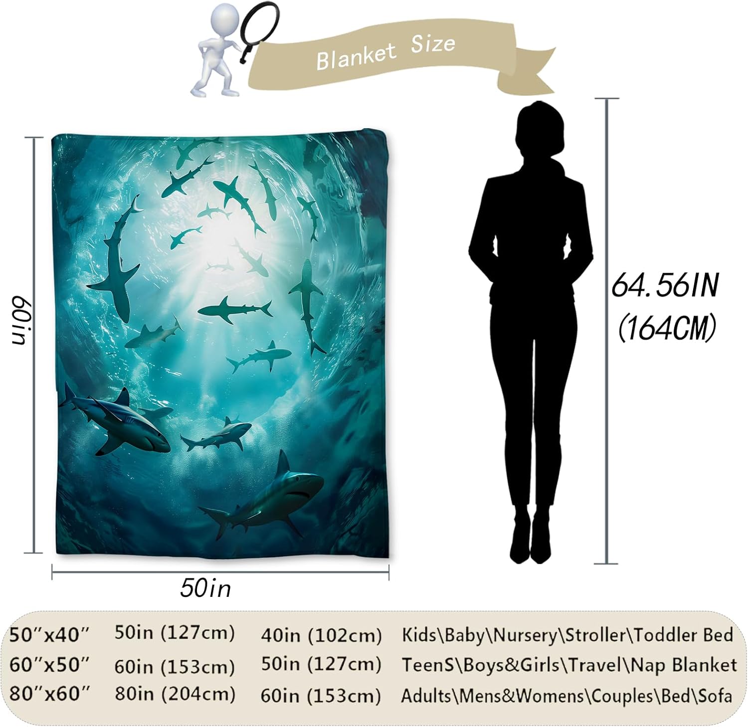 Ocean Shark Blanket Gifts, Sunlight Rays Marine Wildlife Flannel Throw Blanket for Couch, Bed, Travel & Home Decor, Cozy Lightweight Fuzzy Warm Nautical Blankets for Women Kids Boys 60×50 in