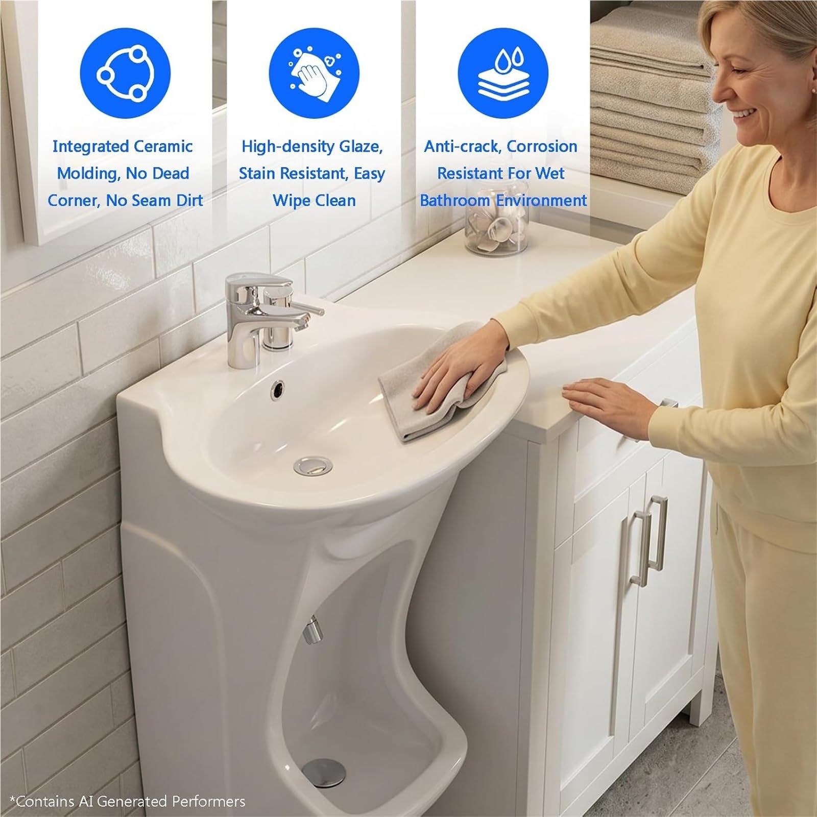 2-in-1-Waschbecken aus Keramik für muslimische Haushalte, Gesichts & Fußbad | 360° verstellbarer Wasserhahn für Hand, Gesichts und Fußwaschung, integriertes vertikales Design, für Zuhause, Badezimmer