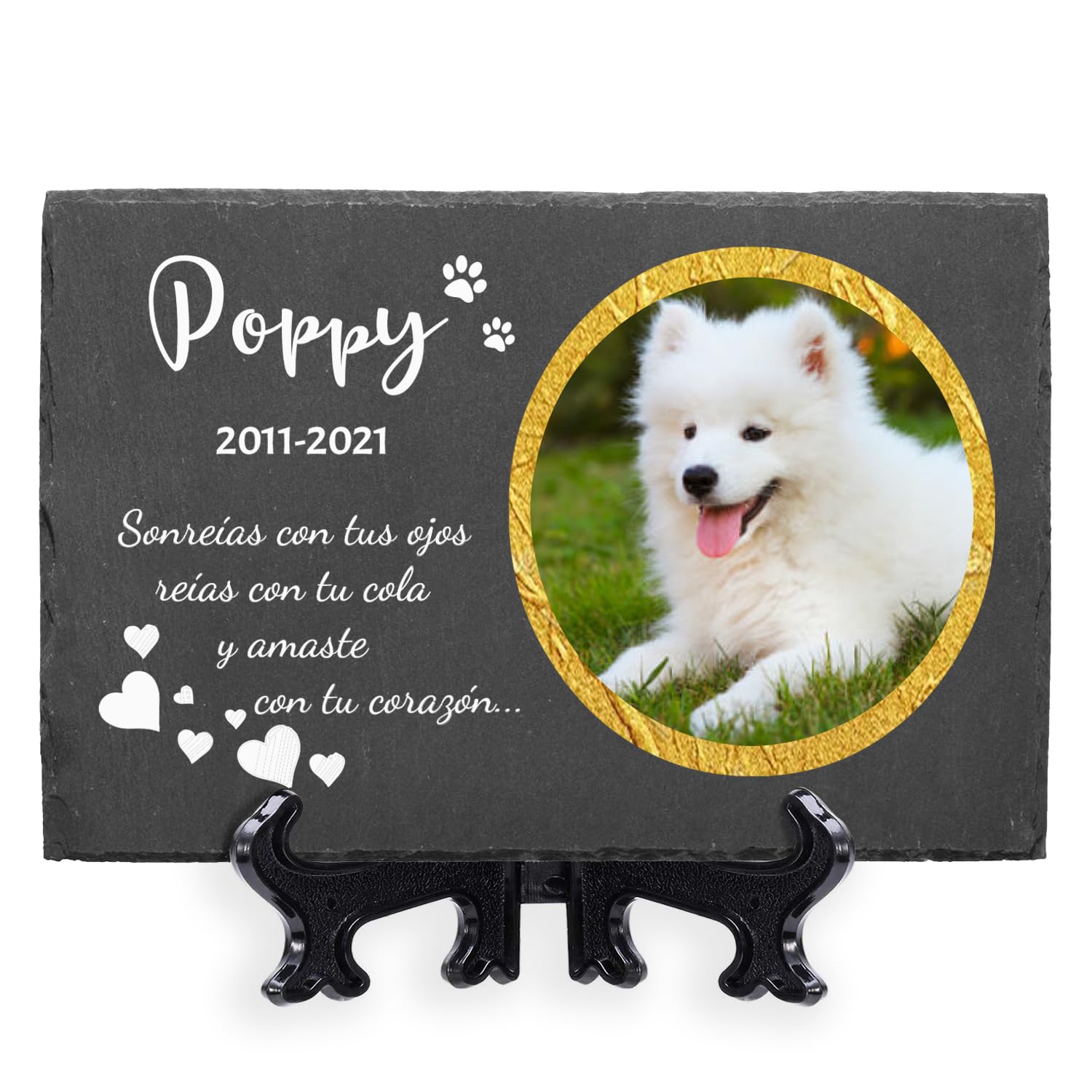 AIGAT Placa Conmemorativa Grande Personalizada de 7.8" x 11.8" / 20 x 30 cm con Nombre, Fecha, Foto y Soporte para Mascota, Gato, Perro, Pizarra, Marcador de Tumba - Marco Dorado Foto
