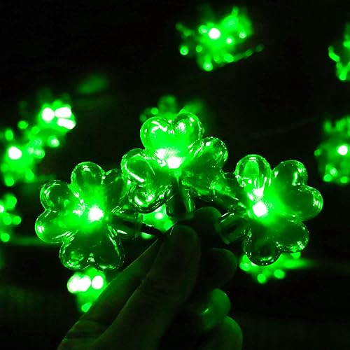 Miniatura 3 de HUGSVIK Luces solares de trébol de 40 luces LED para decoraciones del día de San Patricio, 8 modos de cuerda de luces solares de trébol, luces