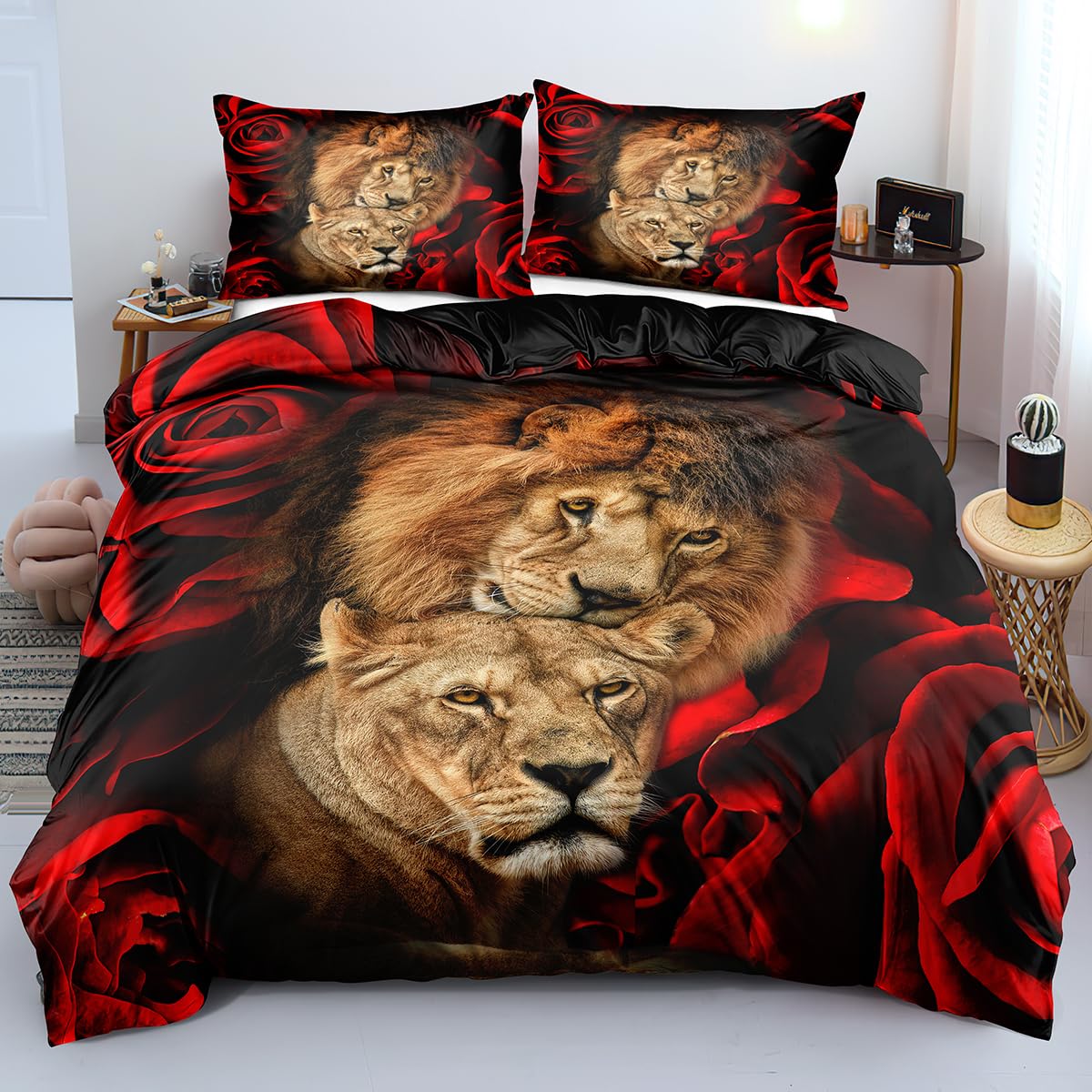 Luowei Löwe Bettwäsche 135x200cm Kinder Jungen Tieremotiv Schwarz Rot Gold Mikrofaser Bettbezug Set Weich 3D Effekt Bettwäsche 2teilig mit Reißverschluss und 80x80 cm Kissenbezug