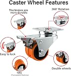 Caster Wheels, 2inch Casters Set of 4 Heavy Duty, Two-Wheeled Orange TPE Casters with Brake, Double-Wheeled Swivel Plate Locking Castor Wheels Widely Used in All Kinds of Furniture.(4 Pack)