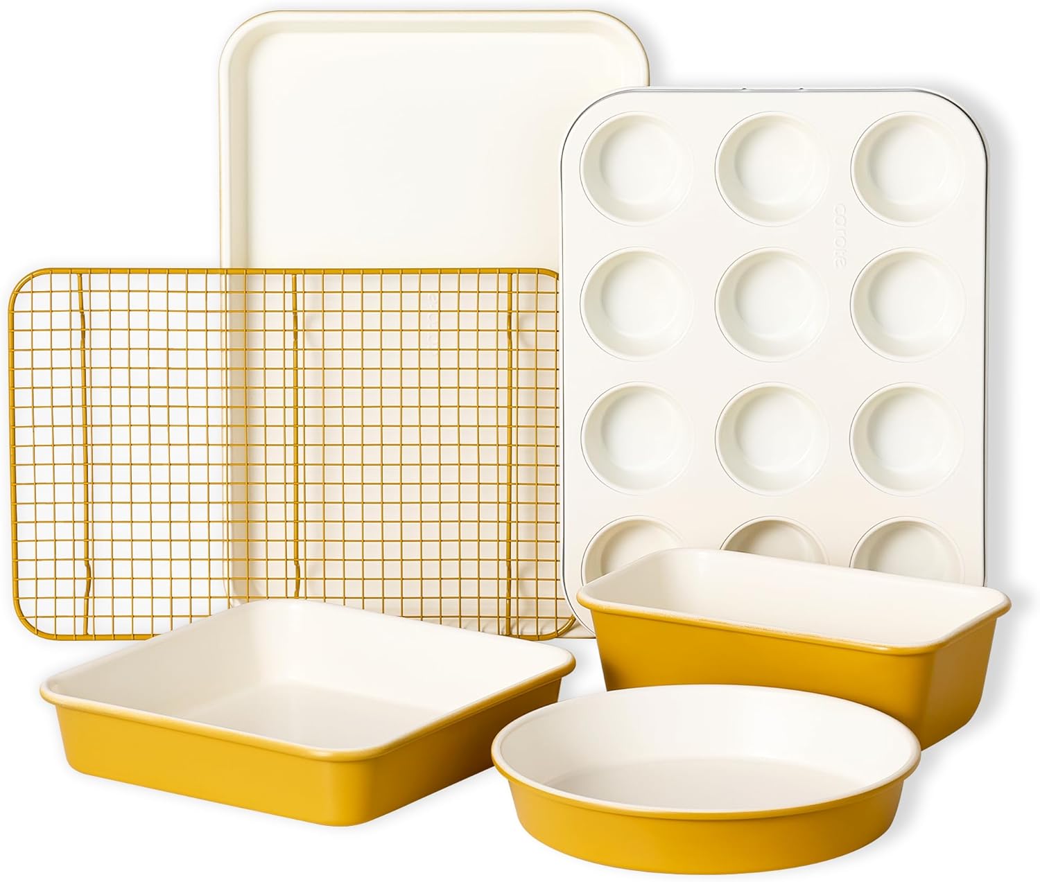 CAROTE 6-Piece Nonstick Ceramic Baking Pans Set – Bakeware Sets Including Cookie Sheets for Baking, Muffin Pan, Bread Pan, Cake pan, Loaf Pan, Cooling Rack, Mustard Yellow & Cream White