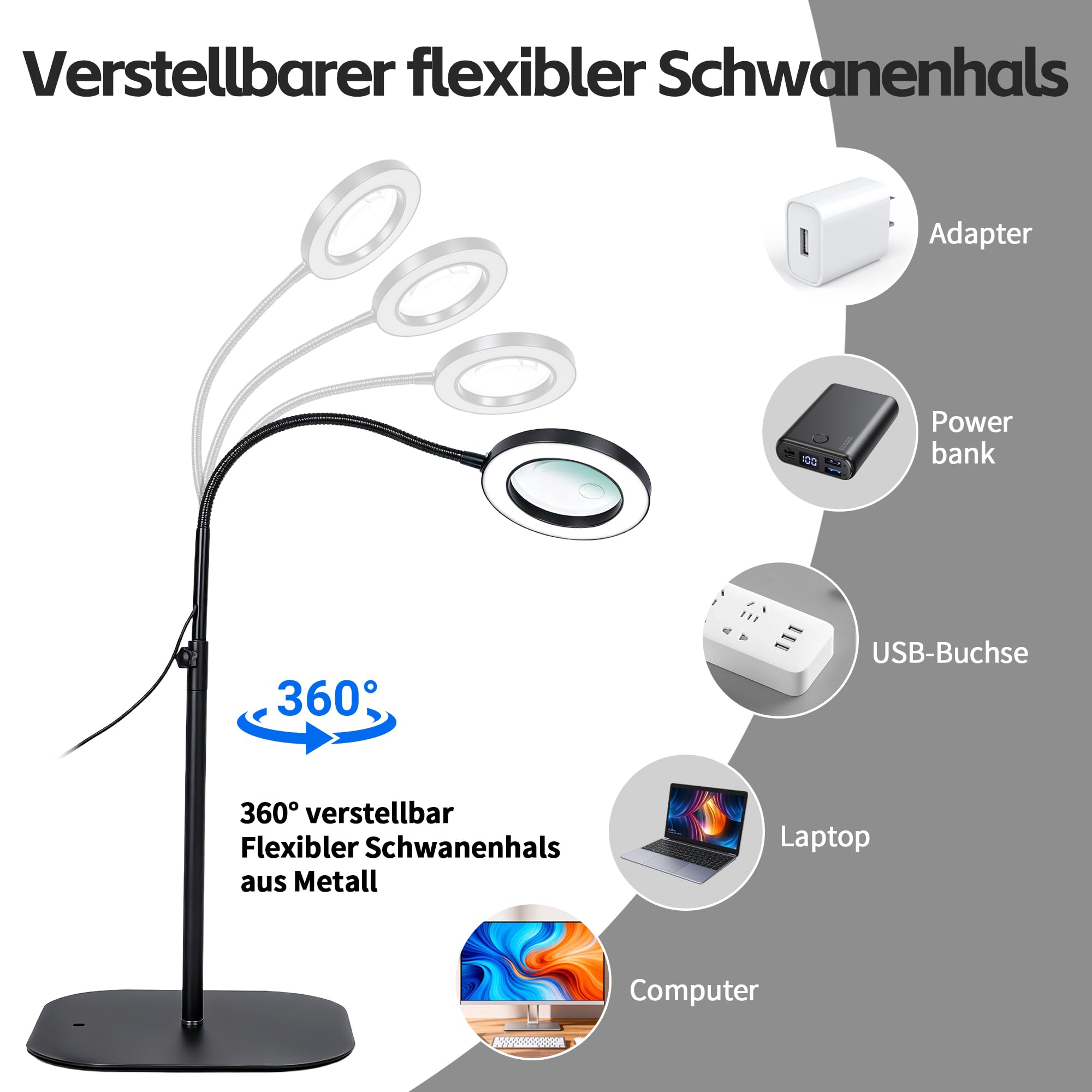 10x/30x LED Lupe mit Licht, Schwanenhals verstellbar, mit Klemme & Sockel für Hobby und Werkstatt