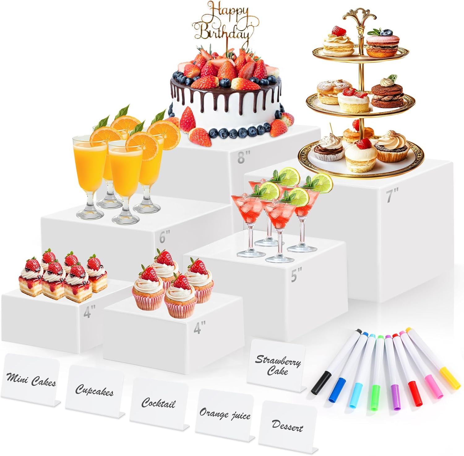 6 Pcs White Acrylic Buffet Risers with Mini Sign and Maker, Food Display Stands for Buffet Table Party Catering Dessert Jewelry Collectibles,Nesting Cube Boxes with Hollow Bottoms (8",7",6",5",4",4") 8" 7" 6" 5" 4" 4"