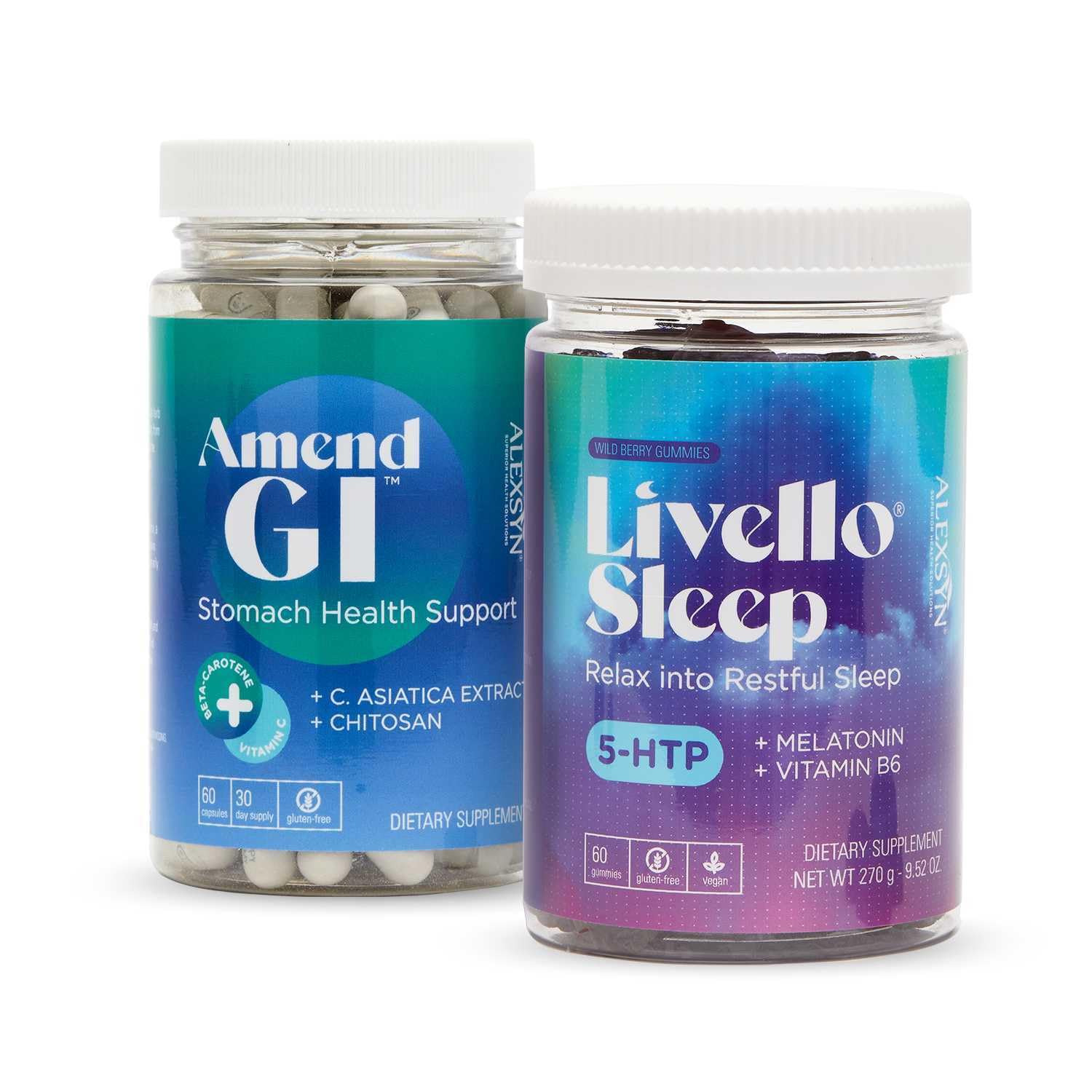 Amend GI + Livello Sleep Bundle - Digestive and Natural Sleep Support with C. Asiatica, Chitosan, 5-HTP, and Melatonin, 60 Yummy Wild Berry Gummies + 60 Capsules