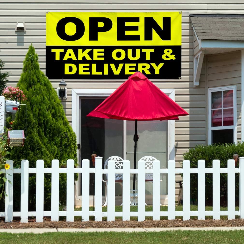 Vinyl Banner Multiple Sizes Open Take-Out & Delivery Cafe Restaurant Grocery Liquor Yellow Black Business Outdoor Weatherproof Industrial Yard Signs 4 Grommets 16x40Inches
