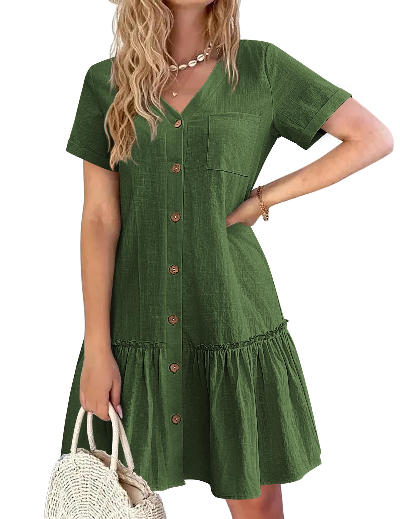 Hotouch Sommerkleid Damen Button Down Leinenkleid Strandkleid Casual V-Ausschnitt Minikleid Kurzarm A-Linie Kleid Rüschenumschlag Kleider