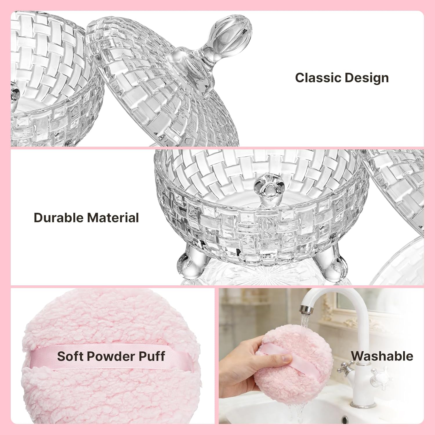 Extra Large Body Powder Puff and Container - Dusting Powder Container with Puff, Crystal Case, Body Powder Puff for Women Soft Washable Reusable Velour Face Body Glitter (Clear Woven)