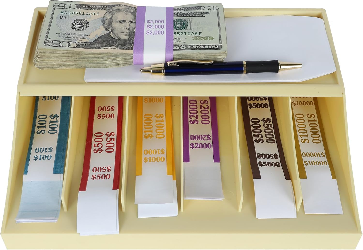 BankSupplies Bill Strap Rack Money Band Organizer Six Compartment Currency Strap Holder Durable Champagne Cash Handling Organizer for Banks Retail and Casinos
