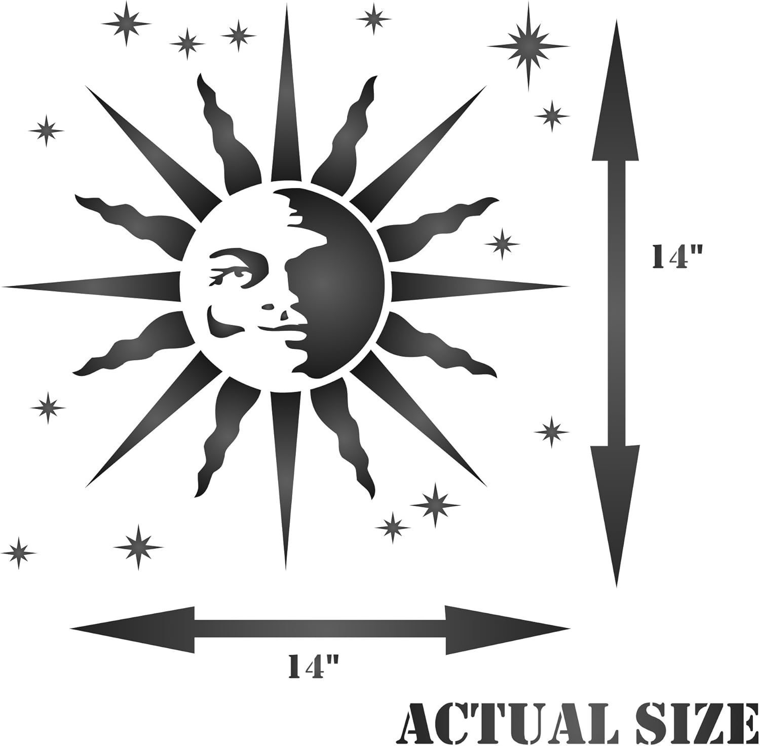 Retro Sun Stencil 14 x 14 inch (XL) - Celestial Sun Face Art Nouveau Deco Style Stencils for Painting Template