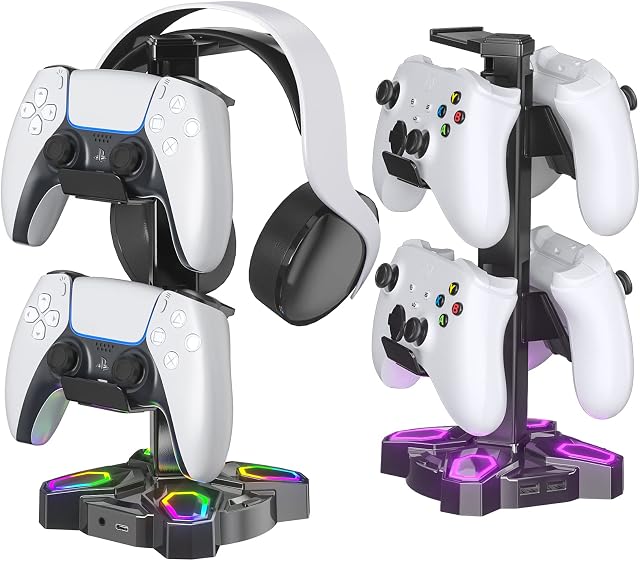 KDD Gaming RGB Headphones Stand, Rotatable Headset Stand with 9 Light Modes - Controller Holder with 2 USB Charging Ports and 3.5mm & Type-C Port - Earphone Hanger Accessories for Desktop Gamer(Black)