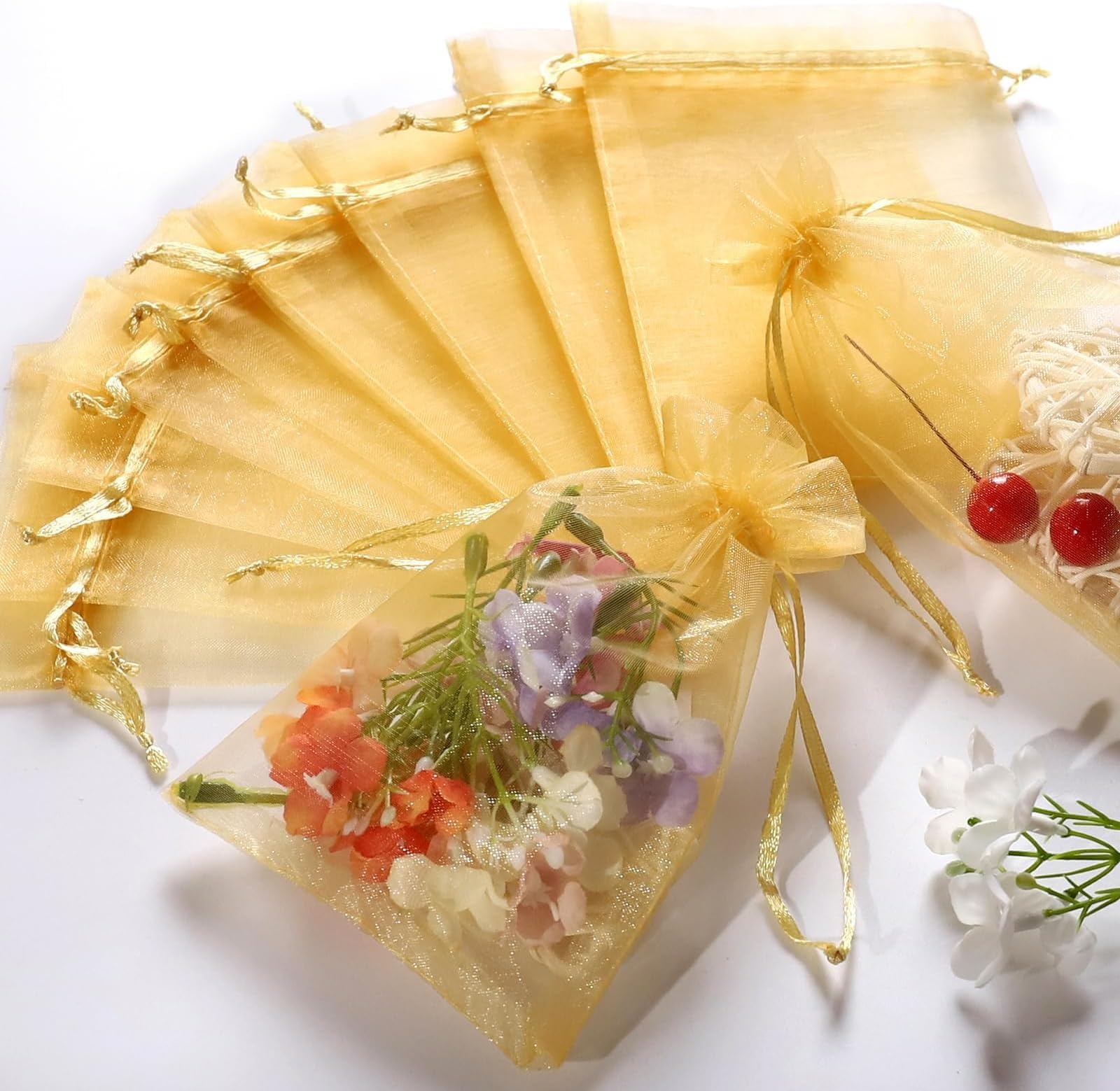 10x14 Cms Plain Non Printed Clear - Unisex Organza Favor Jewellery Pouch, Shagun Potli Bags (Colour - Gold) Pack Of 25