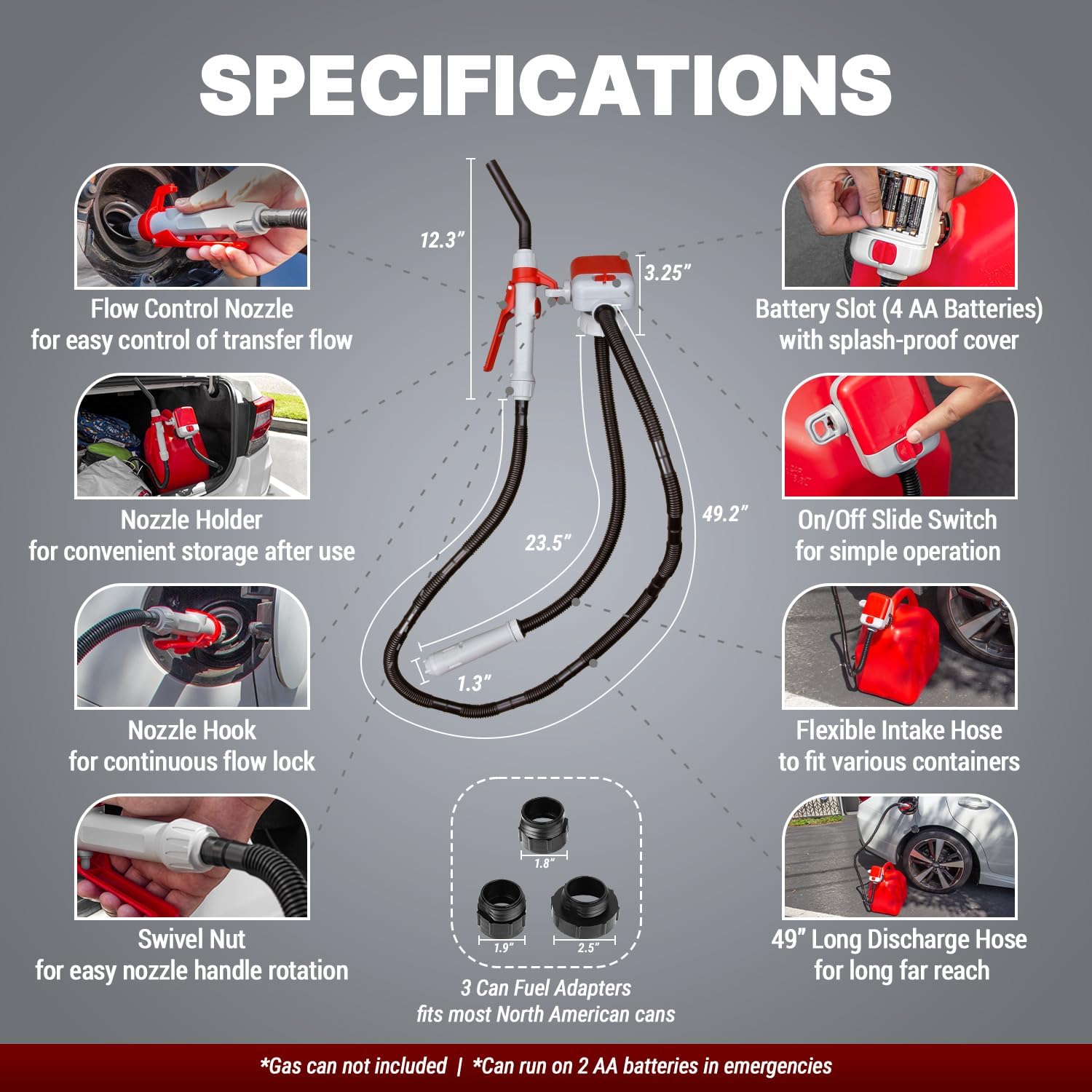 2PK of TERA PUMP TRFA02-MTX Fuel Pump Transfer Pump (2.5 GPM), 4-AA Battery Powered Gas Can Pump, No More Lifting Heavy Gas Cans for E85 E15 Gas Diesel - Extended 4.1-ft Hose + Flow Nozzle