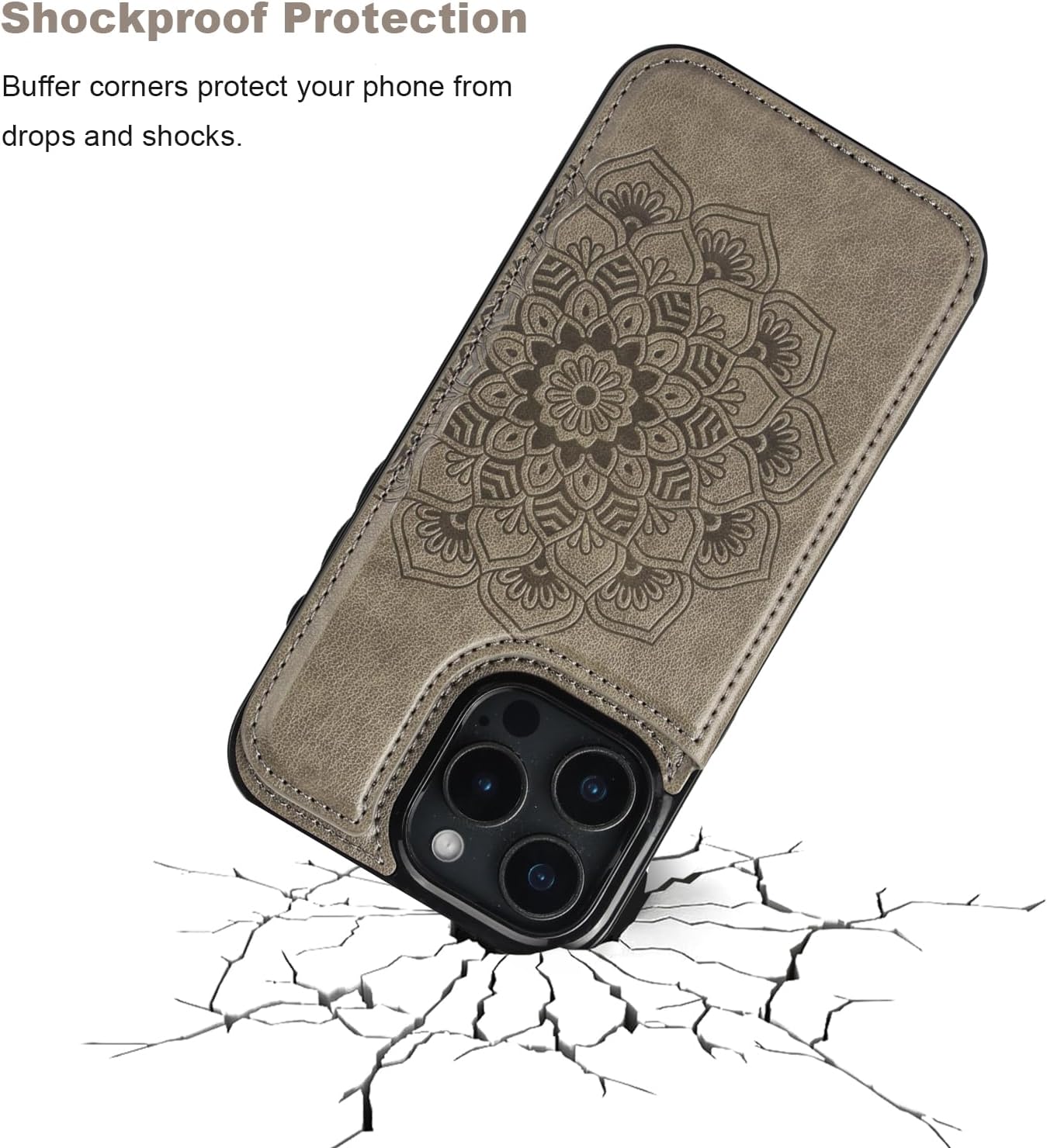 Vaburs Compatible with iPhone 16 Pro Max Case Wallet with Card Holder, Embossed Mandala Pattern Flower PU Leather Double Buttons Flip Shockproof Cover for Magnetic Car Mount 6.9 Inch (Gray) - Image 6