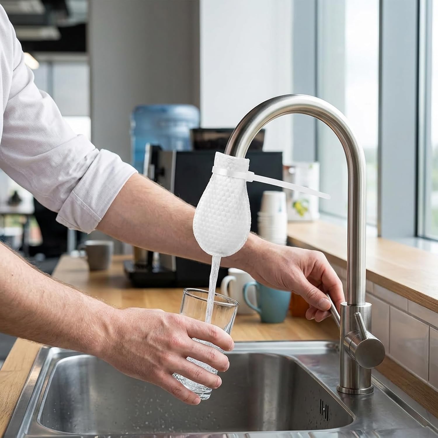 100 PCS Faucet Filter Cotton Bag, 100 Filter Bags with 20 Straps for Kitchen Faucet, Multi-Layer Filtration for Sediment and Rust Reduction, Softened Water Flow for Daily Household Use