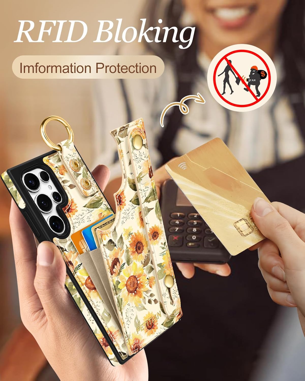 Petitian for Samsung Galaxy S25 Ultra Case with Wallet - Women Girls Cute Girly Aesthetic Unique Design Leather Credit Card Holder Cardholder Stand Wristband for S25 Ultra, Sunflower - Image 4