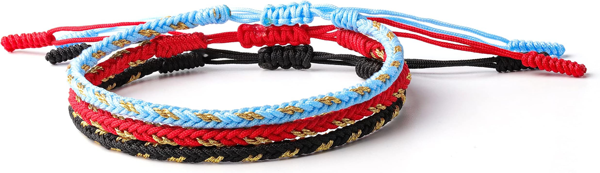 Tibetan Buddhist Handmade Lucky Knot Rope Bracelet (Set of 3 - Light Blue, Red, Black)