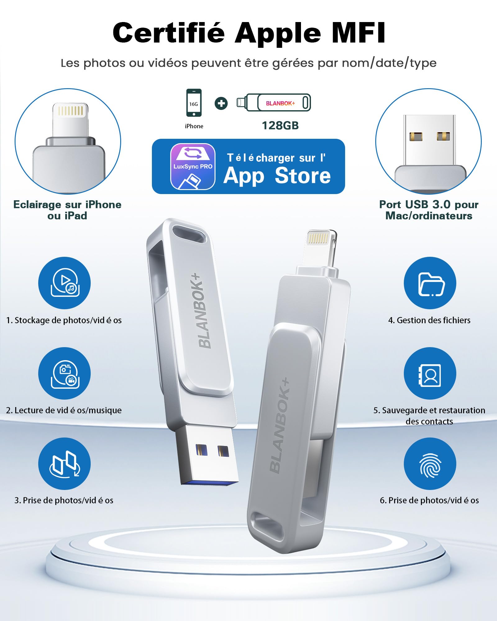 Certifié Apple MFI Clé USB 128Go pour iPhone, Photo Stick Lighting, USB C Stockage Externe, Compatible avec iPhone,iPad Mac Type C et PC