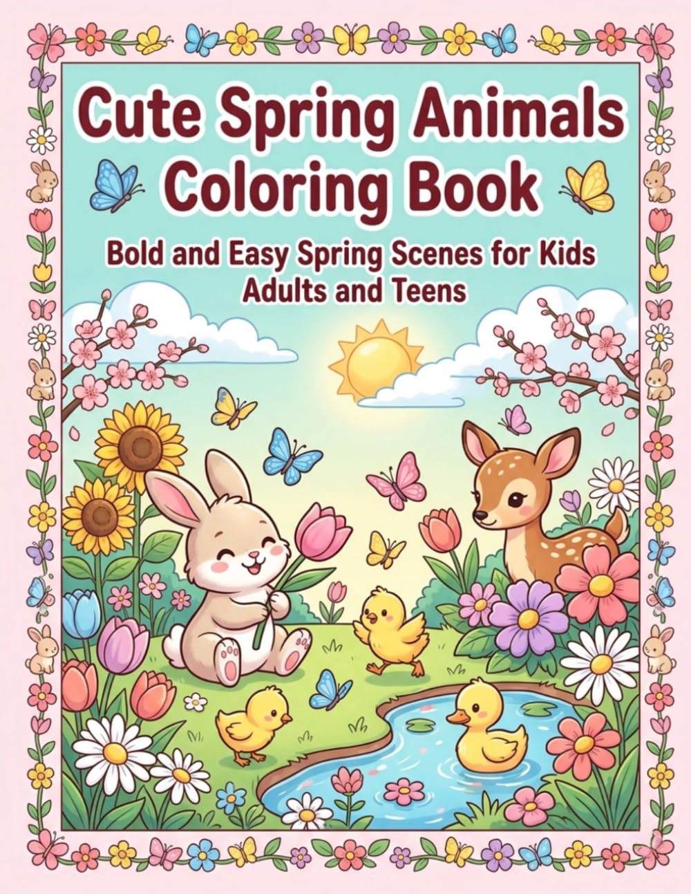 Cute Spring Animals Coloring Book: Bold and Easy Spring Scenes for Kids Adults and Teens (Cute Animals Coloring Books for Kids)