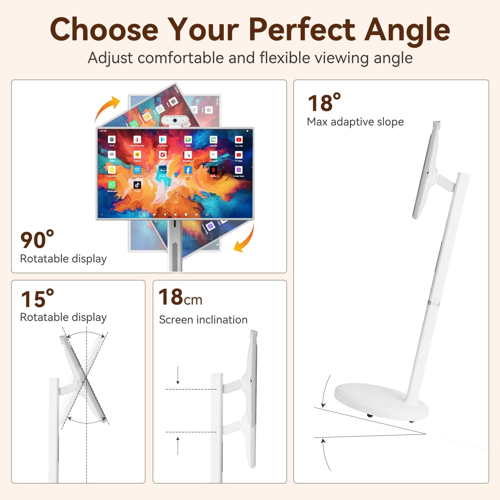 Smart TV TáCtil para Juegos 32", TV PortáTil con Ruedas Y Pantalla TáCtil Giratoria, Almacenamiento 8 GB + 128 GB Operativo Android 13, TV MóVil con RotacióN Completa para Hogar