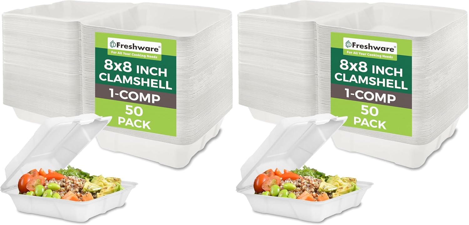 Freshware Compostable Clamshell Food Containers [8x8 100-Pack] Disposable To Go Containers, Biodegradable Sugarcane To Go Boxes - Heavy Duty Paper Containers - Microwave & Freezer Safe, Stackable