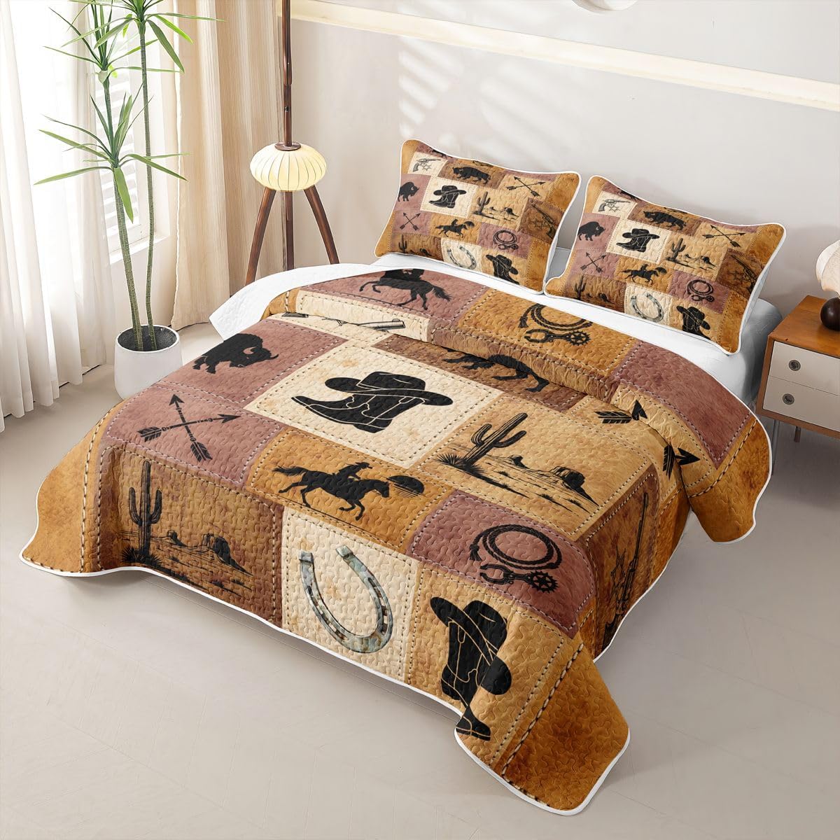 Feelyou Western Quilt Set for All Season Cactus & Horse Bedspread Queen Size for Kids Boys Girls Cowboy Quilted Bedding with 2 Pillowcases Horseshoe Riding Boots Coverlet Set Soft